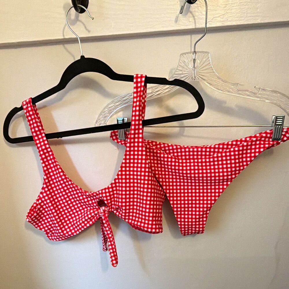 Zaful Red/White Gingham 2-Piece Bikini Swimsuit Set, Size M, Tie Stretch